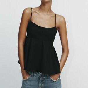 ZARA Black Strappy Peplum Top Size M • Adjustable Straps • Side Zip • Lined NWT